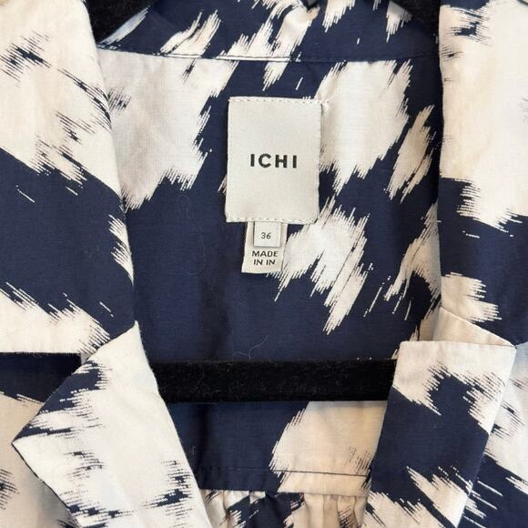 ICHI Button Up Shirt Women 36 US L Blue Floral Cotton Short Sleeve Office Preppy - Picture 4 of 5